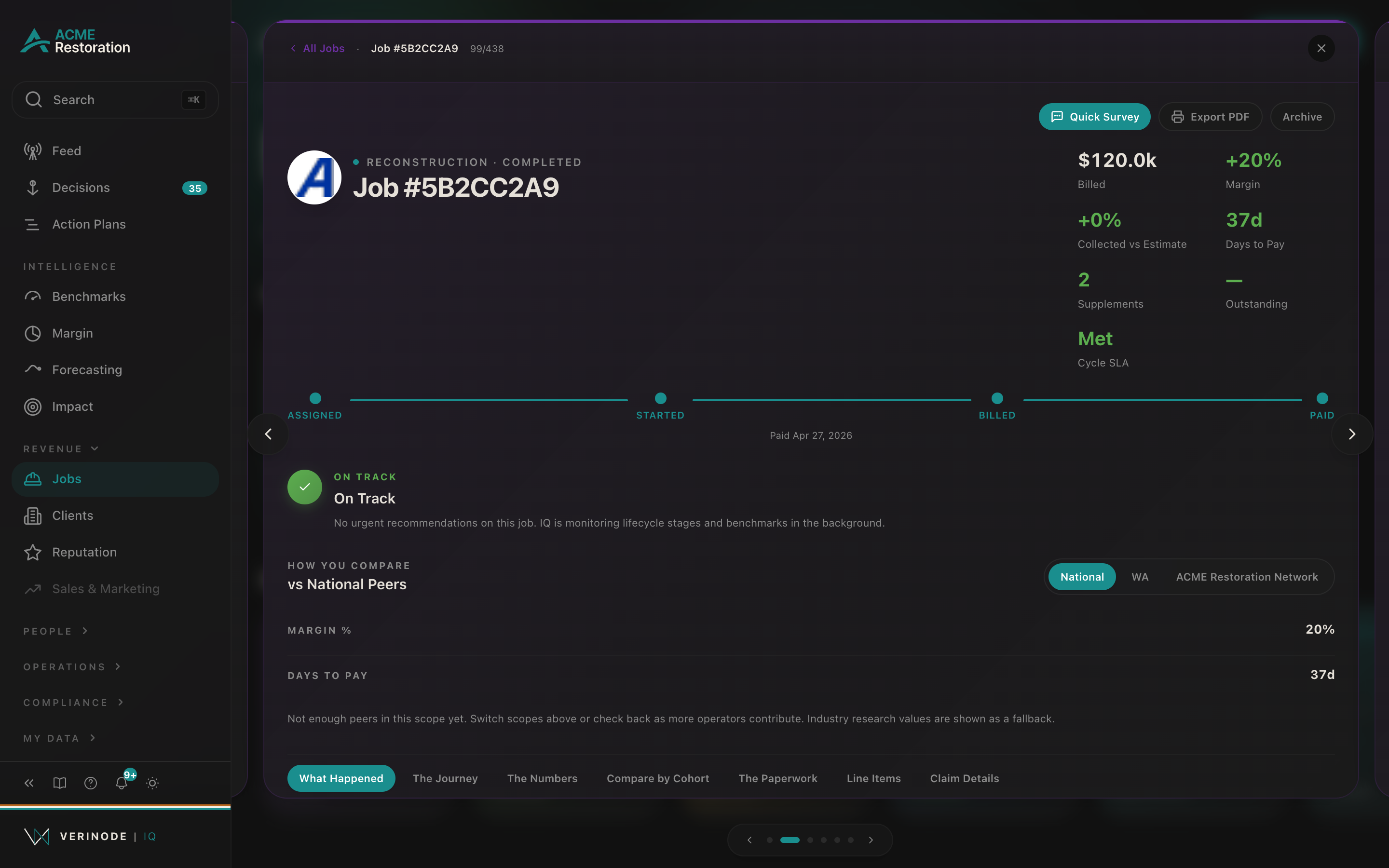 A single job profile, showing the claim's stat tiles, the assigned-to-paid lifecycle track, and the numbers behind the job.