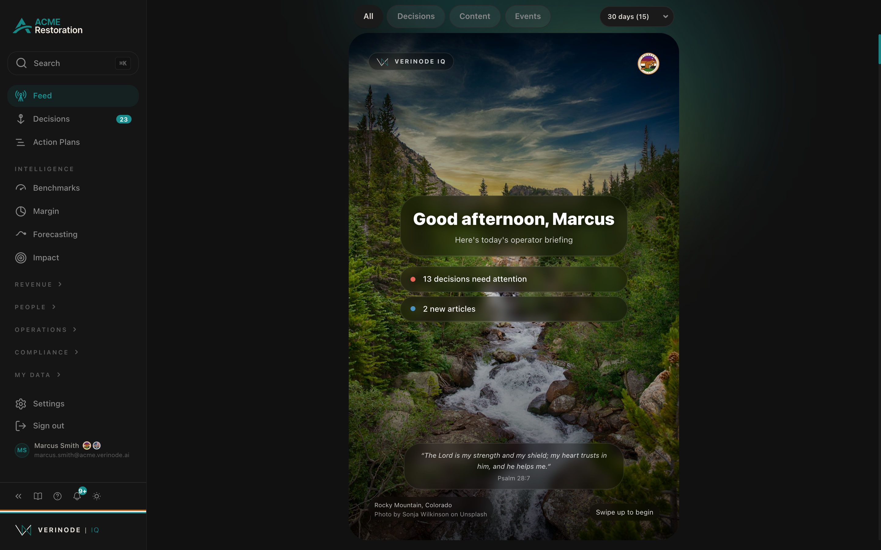 The Verinode IQ Feed, the landing page after signing in, showing signals and decisions.